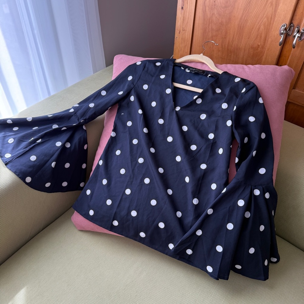 Navy Polka Dot Blouse – Bell Sleeves ✨🔵